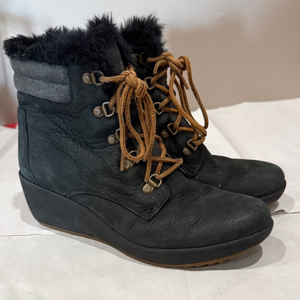 Sperry Black Wedge Boots with Fur Trim